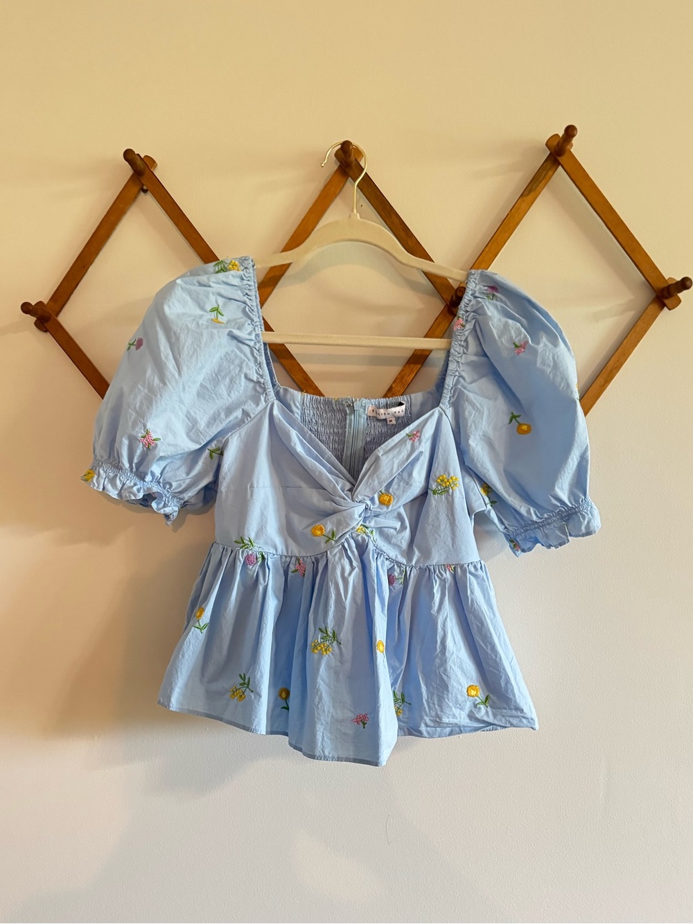 English Factory Light Blue Floral Puff Sleeve Peplum Top